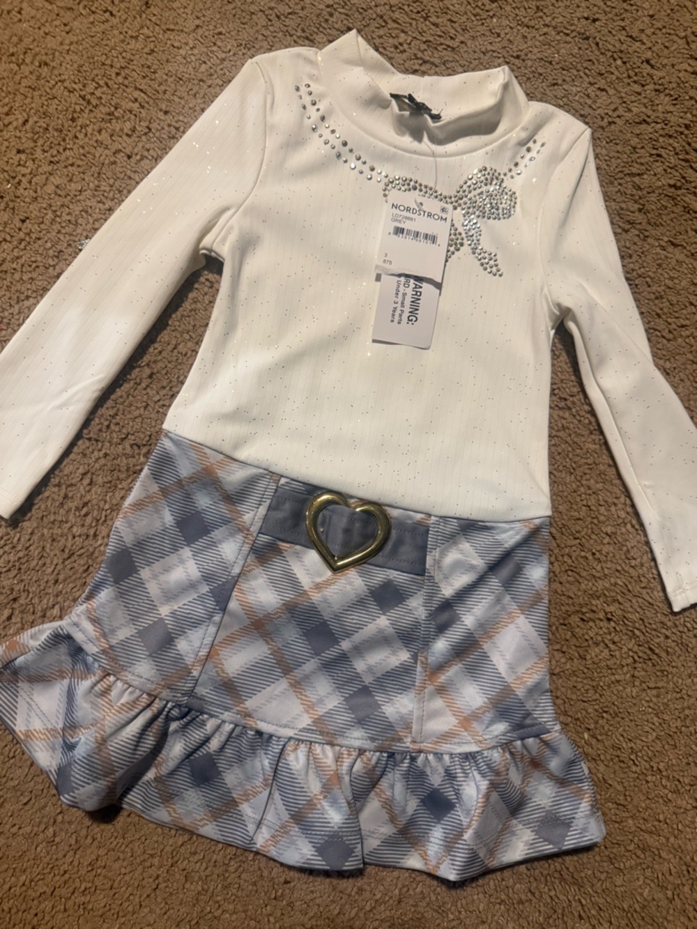 Nordstrom White Top with Blue-Tan Plaid Skirt and Heart Belt
